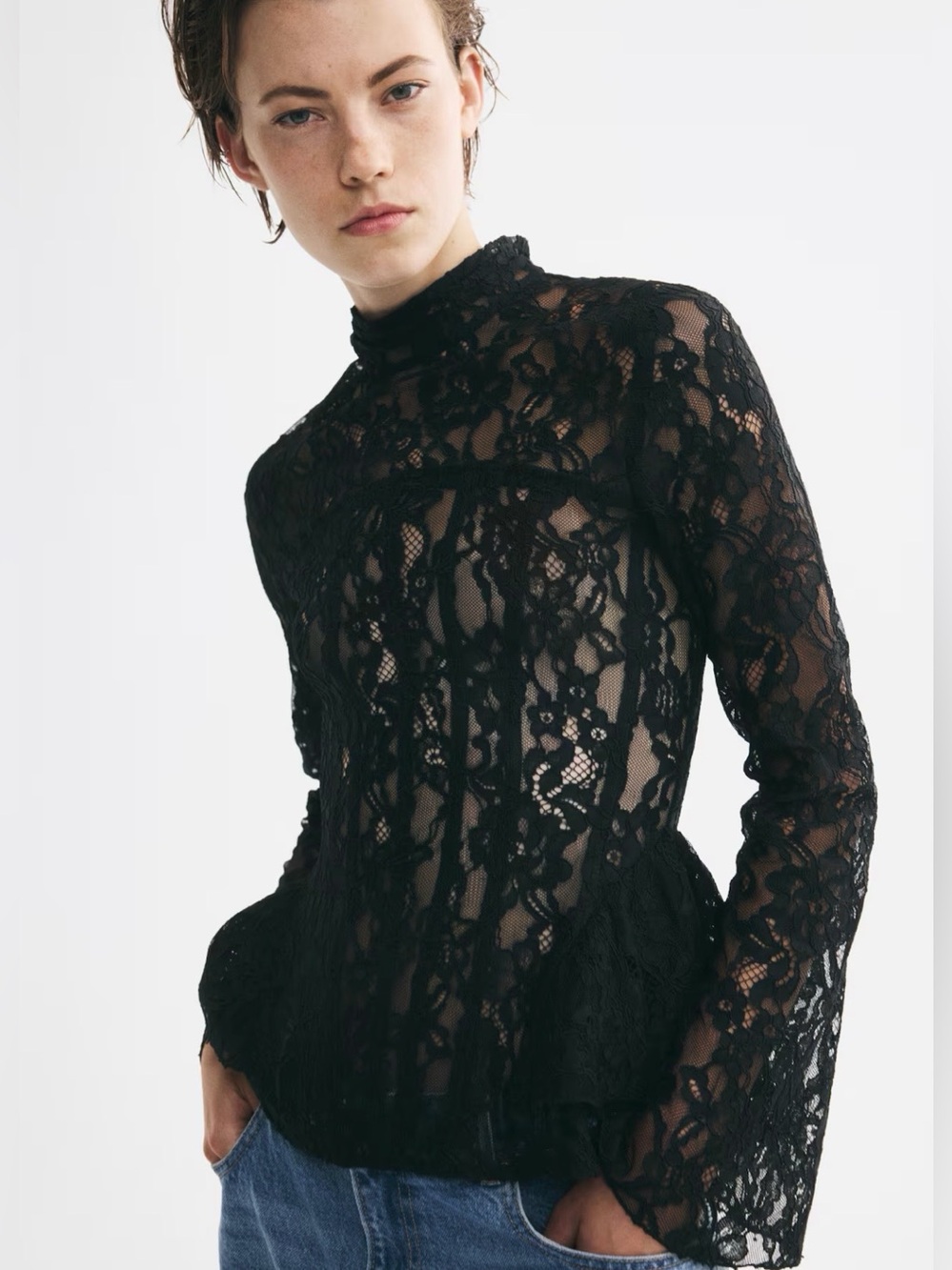H&M   Black Lace Peplum Top Size M NWT
